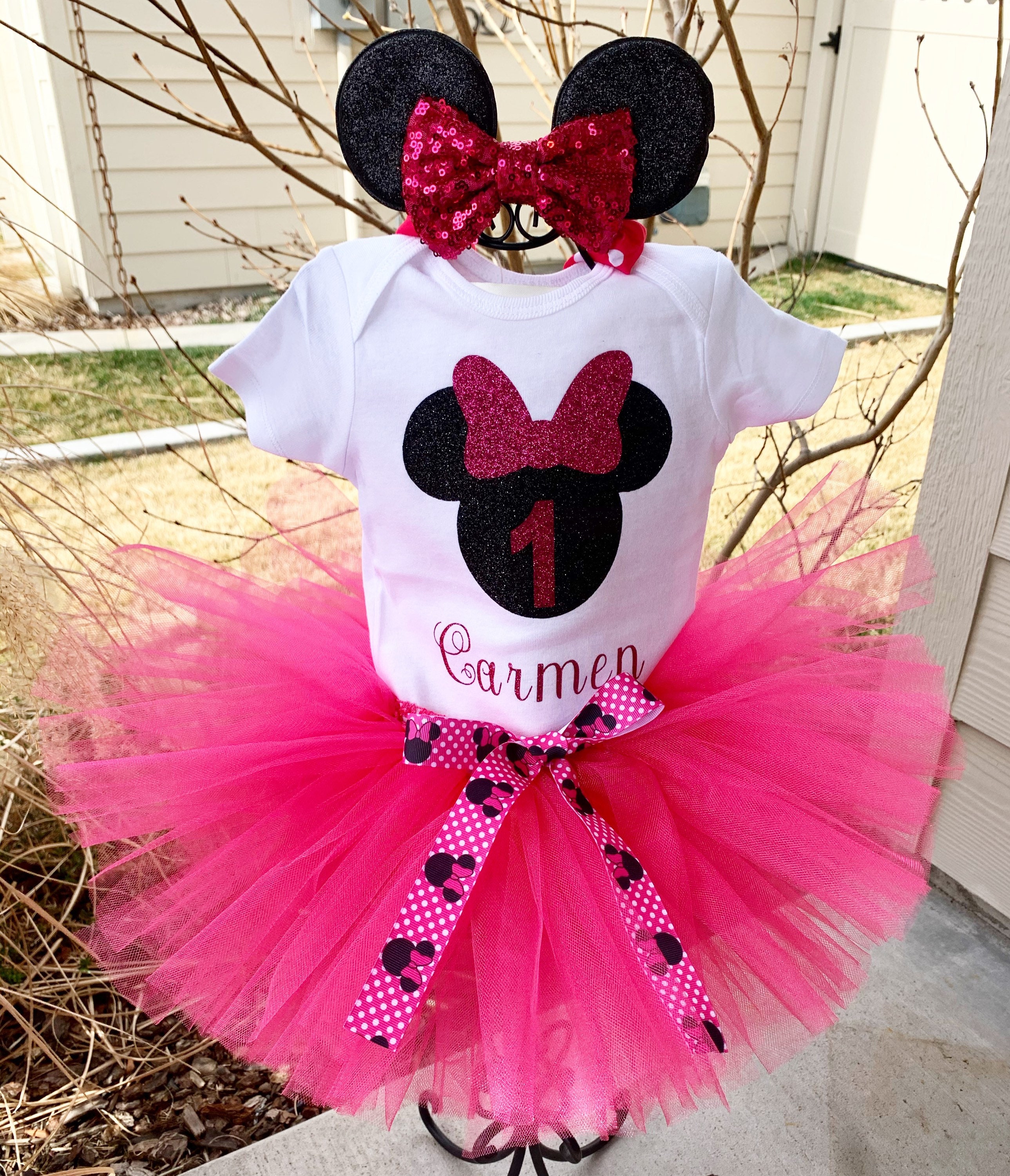 Personalized Pink and Black Minnie Mouse 1st Birthday Outfit Pink