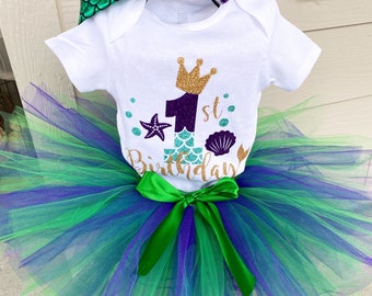 Vestito da sirenetta per il primo compleanno di una bambina. Maglietta da sirenetta. Vestito da primo compleanno sotto il mare. Vestito viola da tutù con torta a sirena