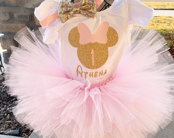 Traje personalizado de Minnie Mouse rosa y oro 1er cumpleaños Minnie Leotard rosa y oro Minnie traje de cumpleaños rosa y oro 1er cumpleaños