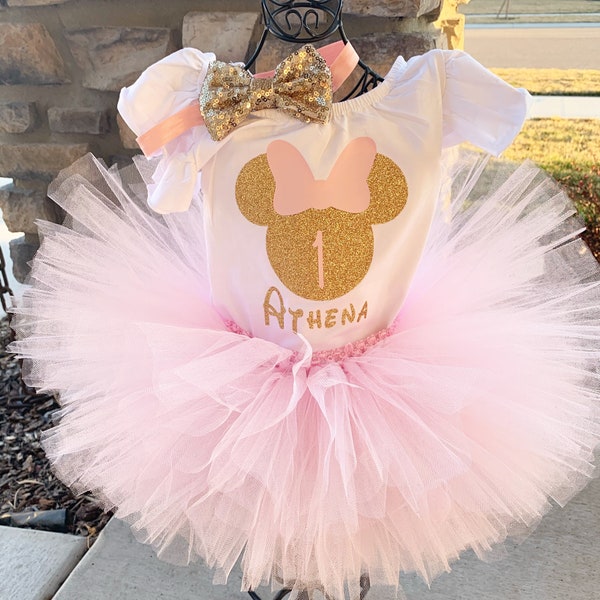 Personalized Pink and Gold Minnie Mouse Outfit 1st Birthday Minnie Leotard Pink and Gold Minnie Birthday Outfit Pink and Gold 1st Birthday