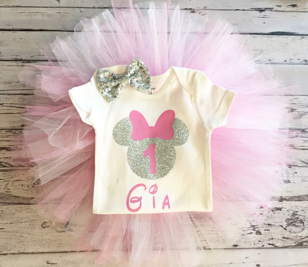 Personalized Pink and Silver Minnie Mouse First Birthday Outfit Pink ...