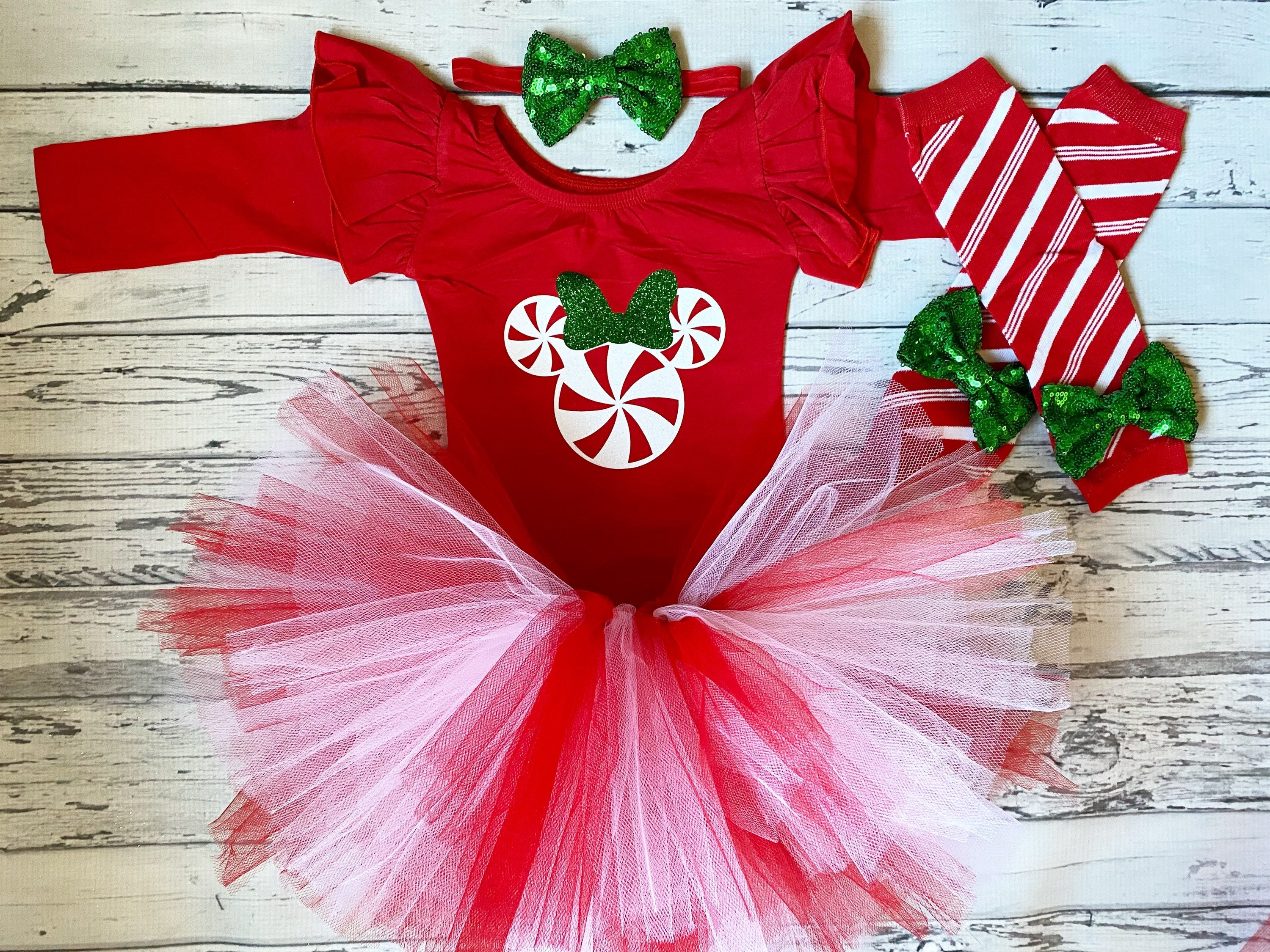 Peppermint Red and White Minnie Mouse Outfit Christmas Mickey Leotard Red  and Green Minnie Christmas Outfit Candy Cane Minnie Outfit