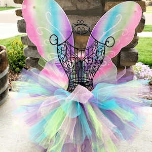 Rainbow Tutu with Rainbow Butterfly Wings Fairy Outfit Fairy Tutu Fairy Wings Butterfly Wings 1st Birthday Fairy Set 2nd Birthday Outfit
