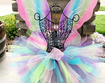 Rainbow Tutu with Rainbow Butterfly Wings Fairy Outfit Fairy Tutu Fairy Wings Butterfly Wings 1st Birthday Fairy Set 2nd Birthday Outfit