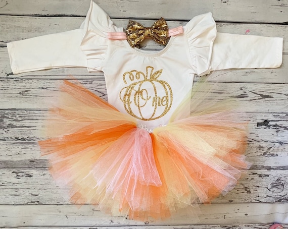 Gold Pumpkin First Birthday Outfit Girl One