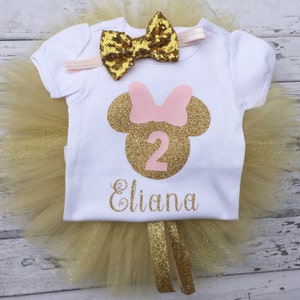 Personalized Pink and Gold Minnie Mouse Outfit, 2nd Birthday Minnie Outfit, Pink and Gold Minnie Birthday Outfit, Pink and Gold 2nd Birthday