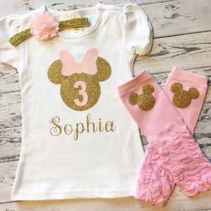Pink and Gold Personalized Minnie Mouse 3rd Birthday Shirt, Minnie Mouse 3rd Birthday Outfit, Pink & Gold Minnie Birthday, Pink Legwarmers