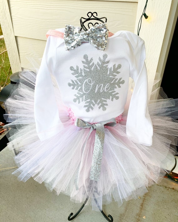 Traje de primer cumpleaños de copo de nieve rosa y plateado, traje