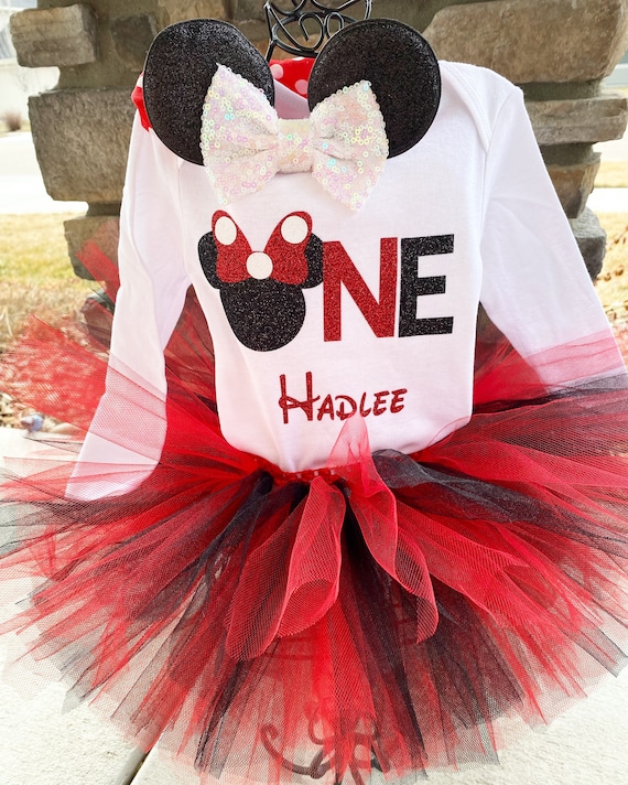 Personalized Red and Black Minnie Mouse First Birthday Outfit