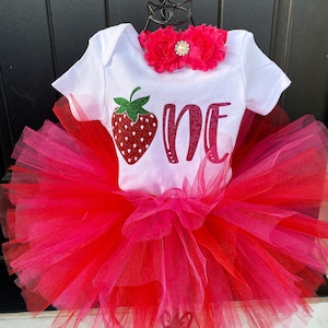 Strawberry 1st Birthday Outfit Strawberry Themed First Birthday Party Strawberry Sweet One Bodysuit and Red and Pink Tutu Cake Smash