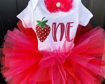 Strawberry 1st Birthday Outfit Strawberry Themed First Birthday Party Strawberry Sweet One Bodysuit and Red and Pink Tutu Cake Smash