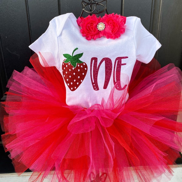 Strawberry 1st Birthday Outfit Strawberry Themed First Birthday Party Strawberry Sweet One Bodysuit and Red and Pink Tutu Cake Smash