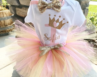 Traje de princesa personalizado en rosa y dorado para el primer cumpleaños Traje de cumpleaños rosa y dorado Body de primer cumpleaños rosa y dorado Primer cumpleaños de princesa