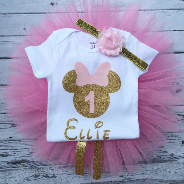 Personalized Pink and Gold Minnie Mouse First Birthday Outfit, Pink and Gold Minnie Birthday Outfit, Pink Gold 1st Birthday Minnie Outfit