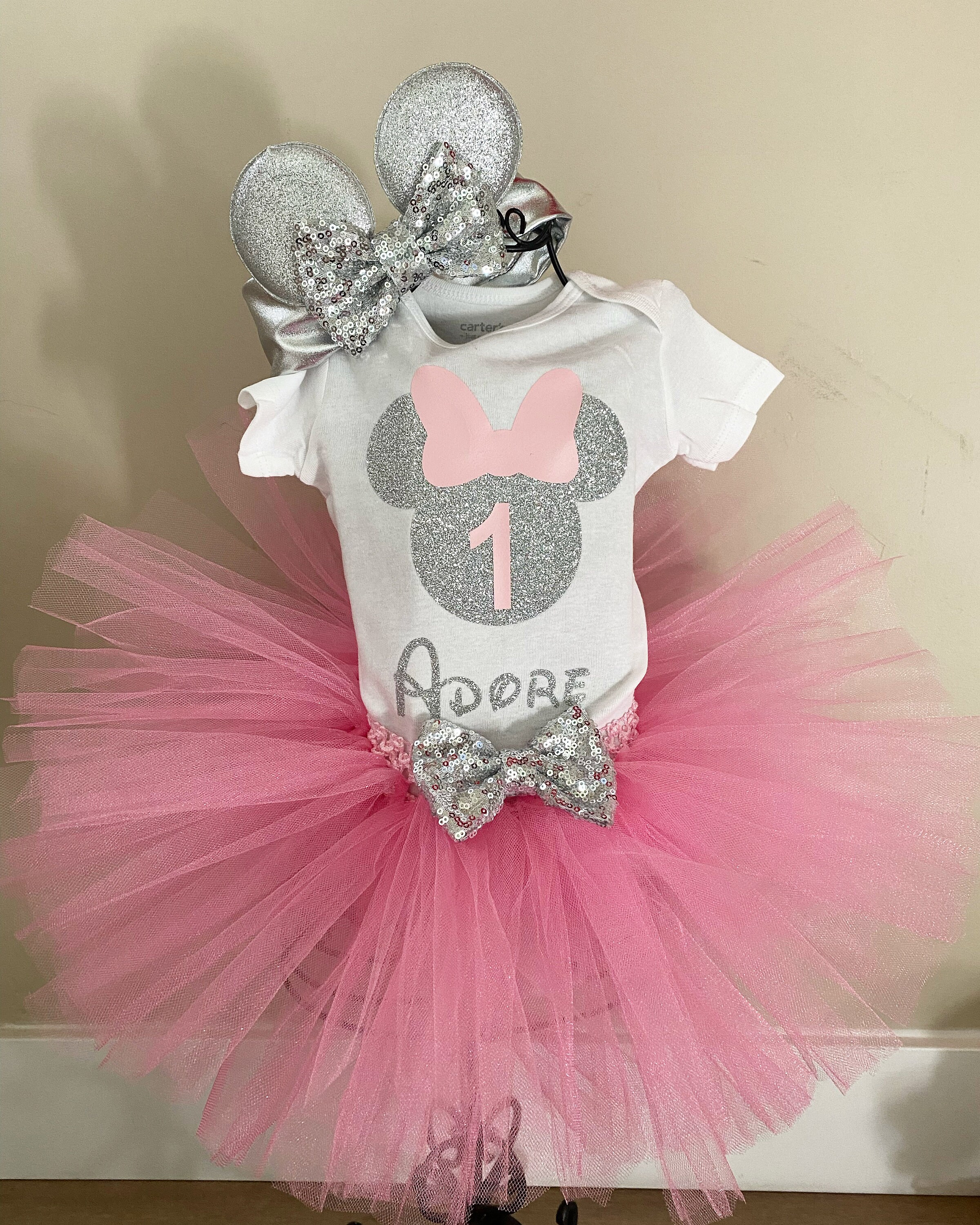 Personalized Pink and Silver Minnie Mouse First Birthday Outfit Pink and  Grey Minnie Birthday Outfit Pink 1st Birthday Tutu Minnie Outfit