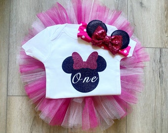Minnie Mouse 1st Birthday Outfit Pink and Black Minnie Bodysuit First Birthday Shirt Pink Baby Girl Tutu Baby Girls Birthday Outfit Headband