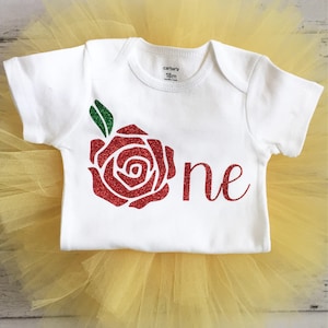 Rose Birthday Bodysuit 1st Birthday Beauty and The Beast Inspired Outfit Yellow Gold Tutu Rose 1st Birthday Shirt Princess Belle Disney Prop