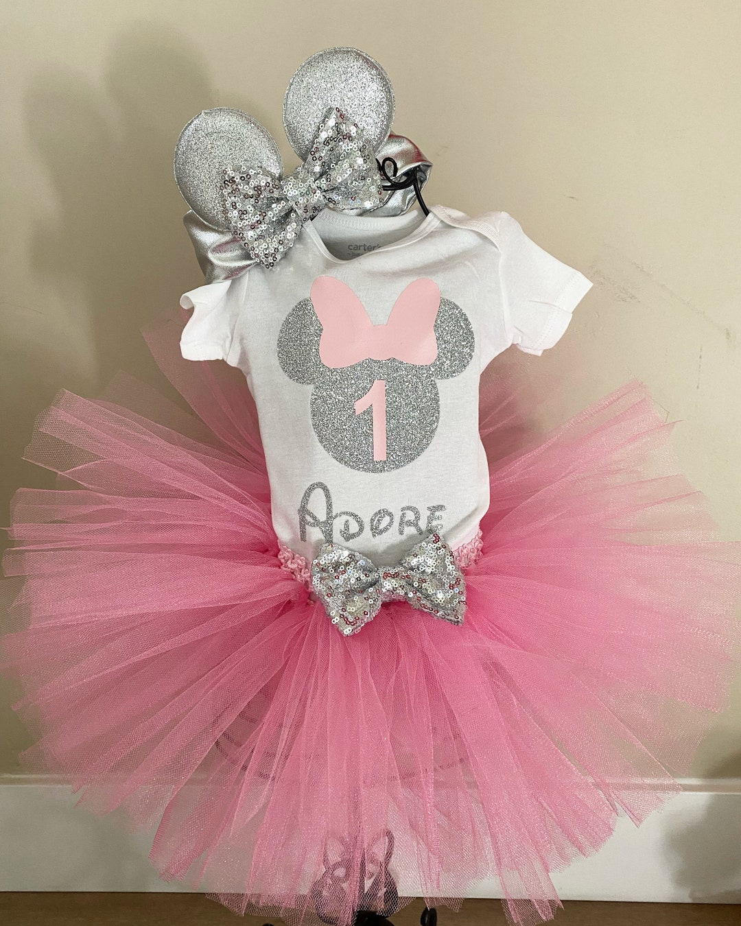 Personalized Pink and Silver Minnie Mouse First Birthday Outfit Pink ...