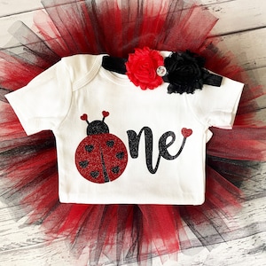 Traje de mariquita para el primer cumpleaños. Fiesta de primer cumpleaños con temática de mariquita. Body rojo y negro y tutú rojo y negro. Oferta de pastel Smash.
