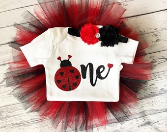 Ladybug 1st Birthday Outfit Lady Bug Themed First Birthday Party Red and Black One Bodysuit and Red and Black Tutu Cake Smash Sale Bug