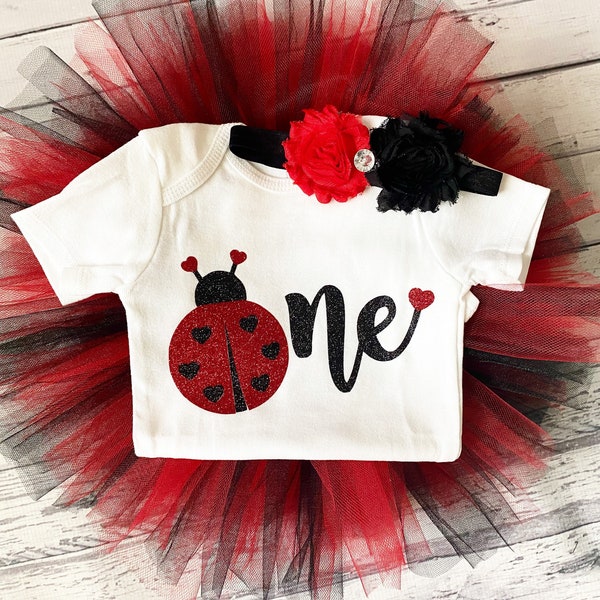 Ladybug 1st Birthday Outfit Lady Bug Themed First Birthday Party Red and Black One Bodysuit and Red and Black Tutu Cake Smash Sale Bug