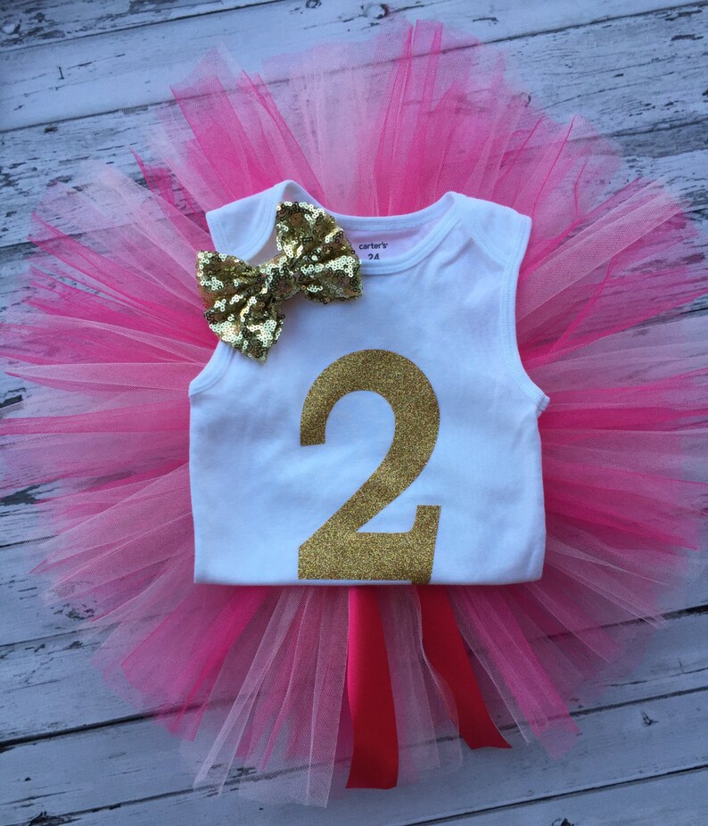 2nd Birthday Pink and Gold Tutu Set Gold Two Bodysuit 2nd Birthday Outfit Hot pink Light Pink Tutu,2nd Birthday Tutu Outfit,Pink Birthday