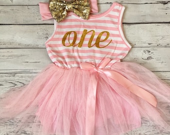 First Birthday Girls Pink and Gold dress Outfit 1st Birthday Dress Birthday outfit Tank Top Sleeveless Dress Tank outfit gold sequin