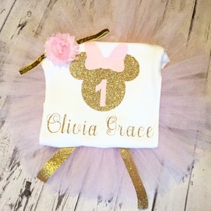 Personalized Pink and Gold Minnie Mouse First Birthday Outfit, Pink and Gold Minnie Birthday Outfit, Pink Gold 1st Birthday Minnie Outfit