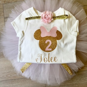 Personalized Pink and Gold Minnie Mouse Outfit, 2nd Birthday Minnie Outfit, Pink and Gold Minnie Birthday Outfit, Pink and Gold 2nd Birthday