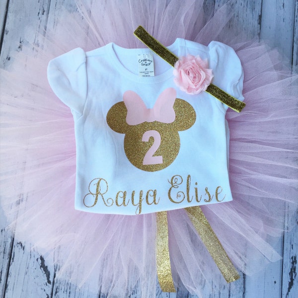 Personalized Pink and Gold Minnie Mouse Outfit, 2nd Birthday Minnie Outfit, Pink and Gold Minnie Birthday Outfit, Pink and Gold 2nd Birthday