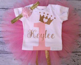 Traje personalizado de primer cumpleaños rosa y dorado, traje de cumpleaños rosa y dorado, body de 1er cumpleaños de oro rosa, 1er cumpleaños de princesa