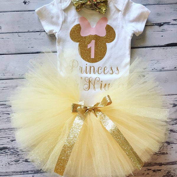 Personalizado rosa y oro Minnie Mouse primer traje de cumpleaños, rosa y oro Minnie traje de cumpleaños, oro rosa 1er cumpleaños Minnie traje