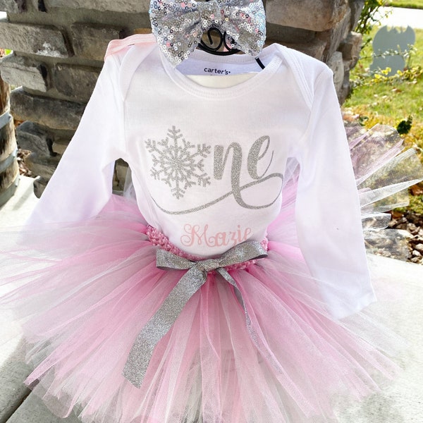 Personalized Pink and Silver Snowflake First Birthday Outfit 1st Birthday Outfit 1st Birthday Bodysuit Cake Smash Outfit Winter Onederland