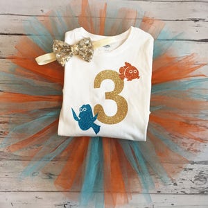 3rd Birthday Finding Nemo Tutu Set, 3rd Birthday Outfit, Finding Nemo Tutu Outfit, Gold Three Shirt, Finding Dory, Three year Set, Prop