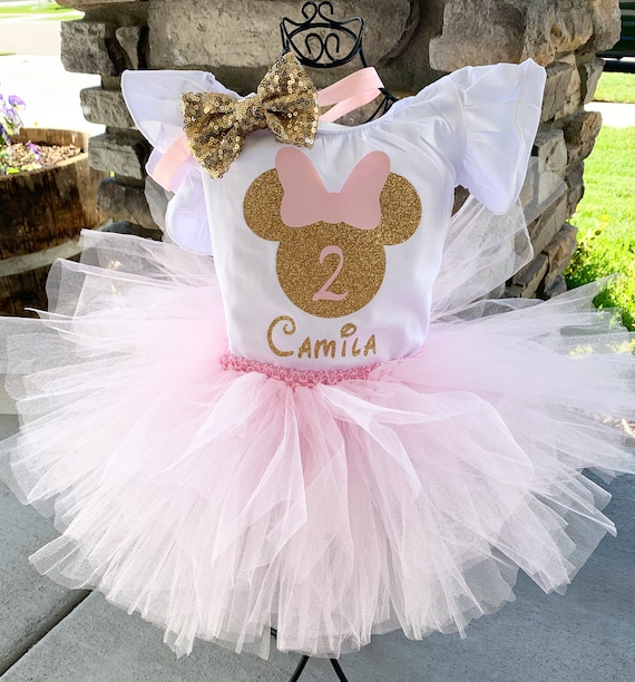 Personalized Pink and Gold Minnie Mouse Outfit 2nd Birthday Minnie Leotard  Pink and Gold Minnie Birthday Outfit Pink and Gold 2nd Birthday