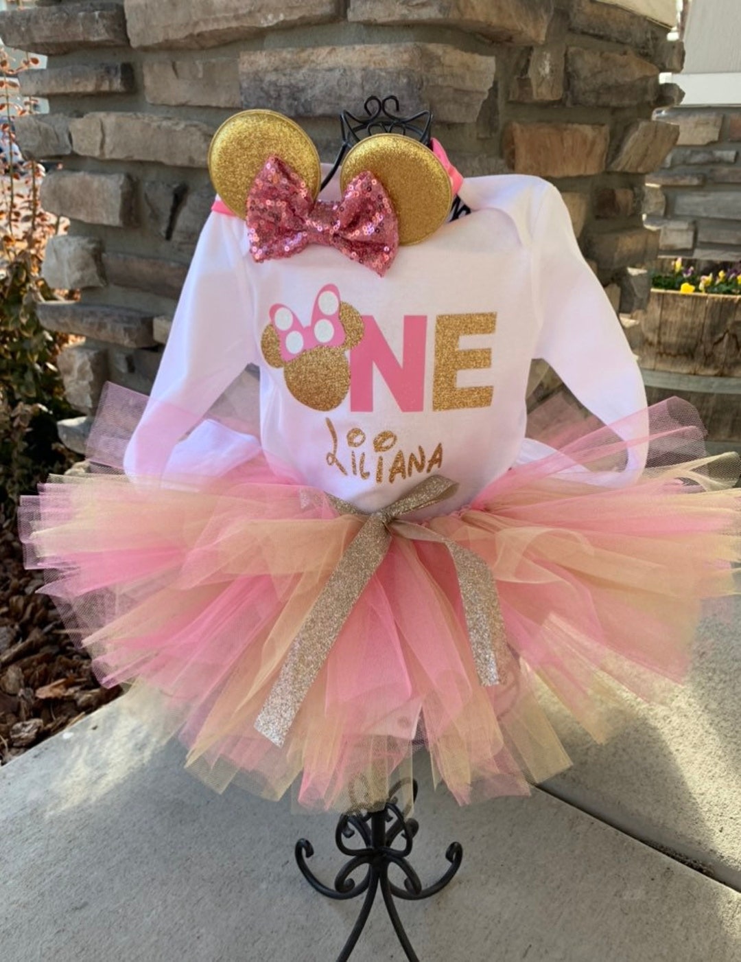 Minnie mouse 1st birthday outfit pink and gold discount