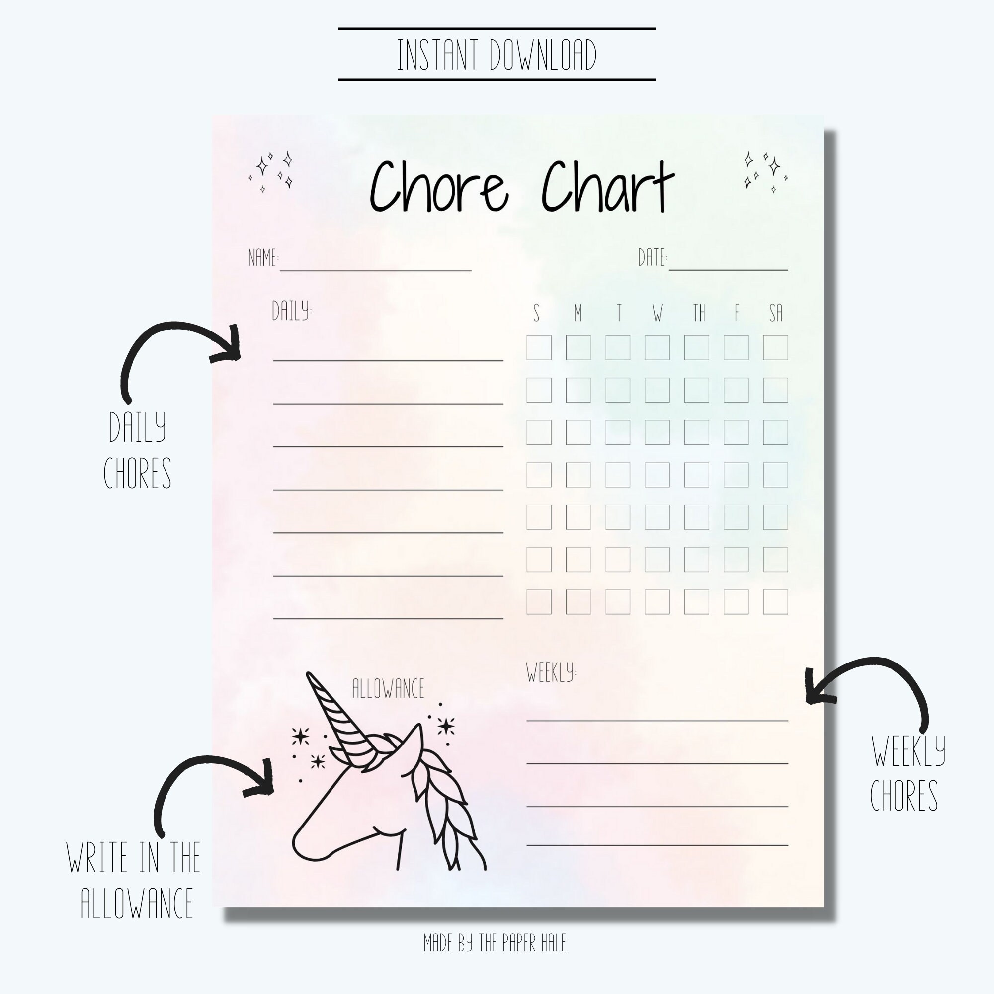 Unicorn Kids Chore Chart Planner Printable Unicorn Chore | Etsy