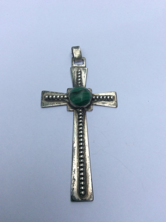 Sterling Hand Wrought cross with Malachite center 