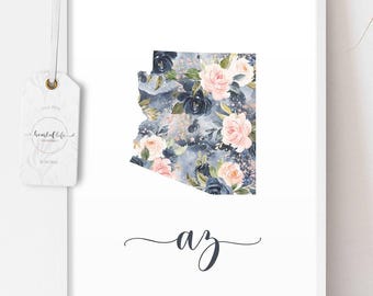 Arizona State Printable Wall Art – Blush and Navy Watercolor Floral AZ Silhouette, State Abbreviation Print for Nursery or Home Decor