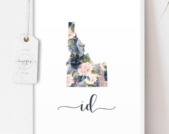 Idaho Print Floral State Print Wall Art Idaho Printable State Abbreviation Print State Silhouette Watercolor Floral State Print