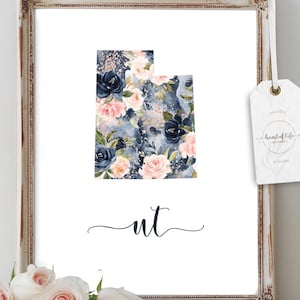 Arte mural imprimible del estado de Utah: silueta floral en acuarela con la abreviatura UT, arte floral estatal para habitación infantil, oficina o decoración del hogar.