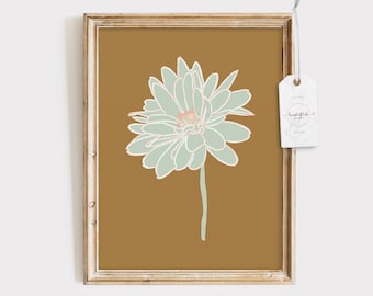 Instant Download Printable Flower Wall Art Abstract Floral Print, Mint Green and Caramel Brown Muted Tones Hand Drawn Flower Print Nursery