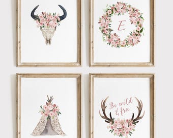 Letter E Nursery 5x7 Wall Art - Antlers, Wreath, Tee Pee and Bull Head - Set of 4 DIGITAL DOWNLOAD Tribal Nursery