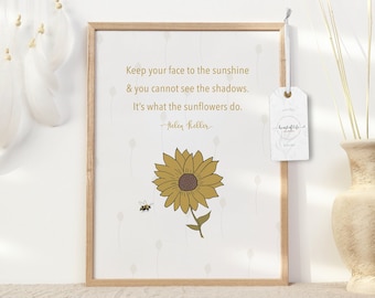 Sunflower Printable Quote Wall Art Sunflower Illustration Helen Keller Quote Print Happiness Quote Sunshine Wall Art Nature Art