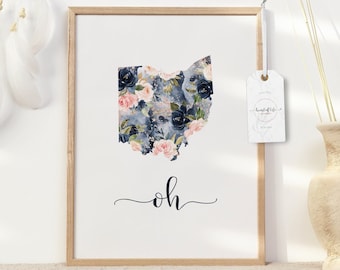 Ohio Wall Art Decor Watercolor Flowers State Silhouette Gallery Wall State Print State Silhouette Art Print for Nursery Floral State