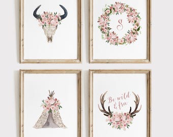 Letter S Nursery 5x7 Wall Art - Antlers, Wreath, Tee Pee and Bull Head - Set of 4 DIGITAL DOWNLOAD Tribal Nursery