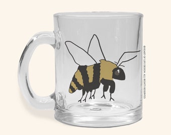 Bee Mug Glass Gift for Bee Lover | Hand Drawn One-of-a-kind Bumblebee Mug With Sunflower | Bumble Bee Mug