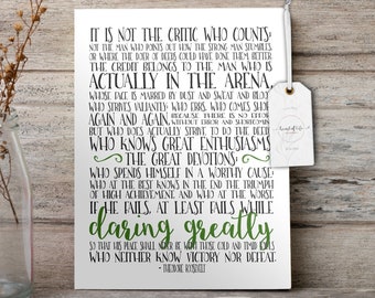 Man In The Arena Printable Office Quote Print Dark Green and Black Theodore Roosevelt Art | Inspirational Speech Motivational Print School