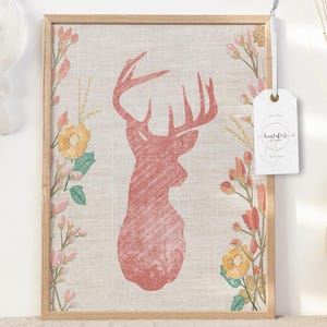 Deer Silhouette with Floral Accents - Boho Wall Art - Rustic Home Decor - Digital Download - Nature Print - Gift for Wildlife Lovers