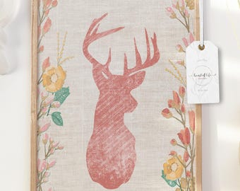 Deer Silhouette with Floral Accents - Boho Wall Art - Rustic Home Decor - Digital Download - Nature Print - Gift for Wildlife Lovers
